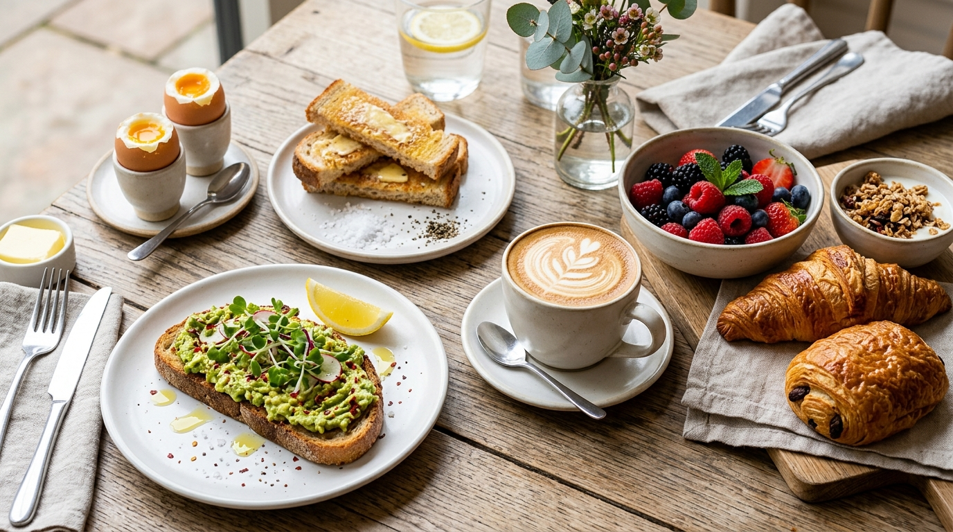 A bright brunch spread featuring soft-boiled eggs, avocado toast, croissants, fresh berries, a latte with latte art and fresh fruit on white ceramic plates. Representative image, not a photo of a specific venue.