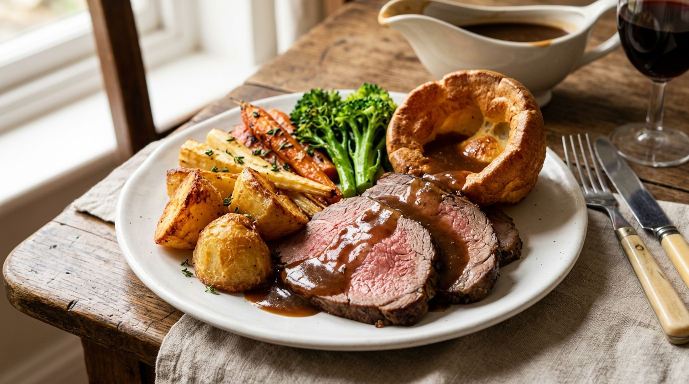 A classic British Sunday roast — roasted beef, roast potatoes, Yorkshire pudding, seasonal vegetables and gravy. Representative image, not a photo of a specific venue.