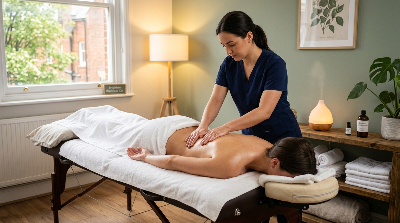 Massage therapist performing a relaxing back massage in a professional treatment room with warm lighting and white towels — Massage Therapy PB, Hove